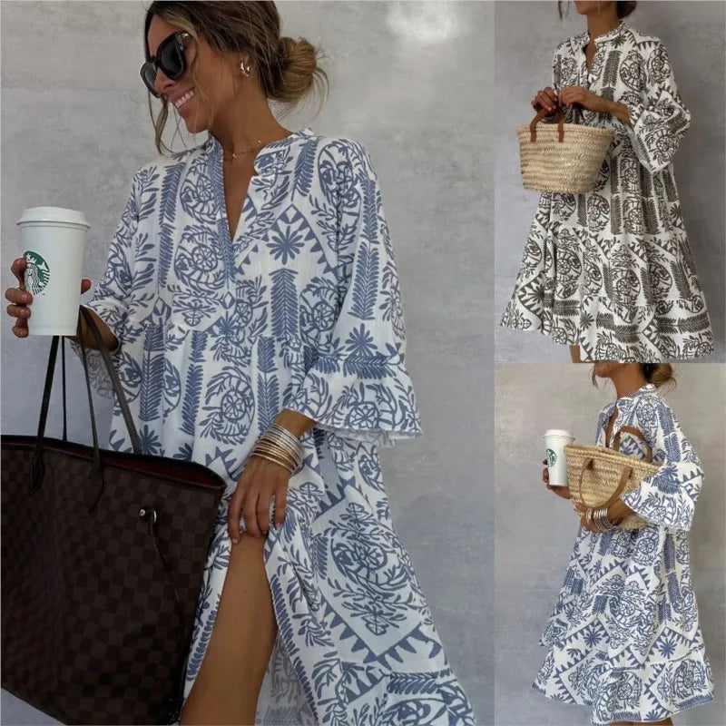 Adeline | Printed V-Neck Jacquard A-Line Dress