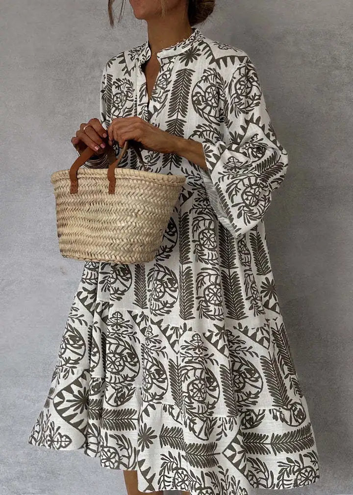 Adeline | Printed V-Neck Jacquard A-Line Dress