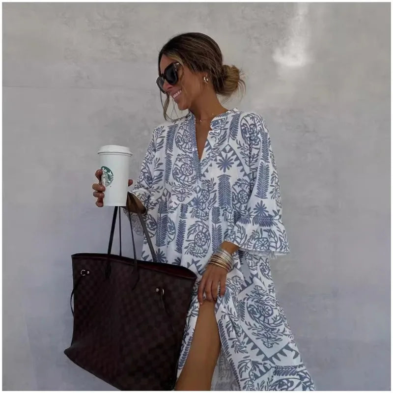 Adeline | Printed V-Neck Jacquard A-Line Dress