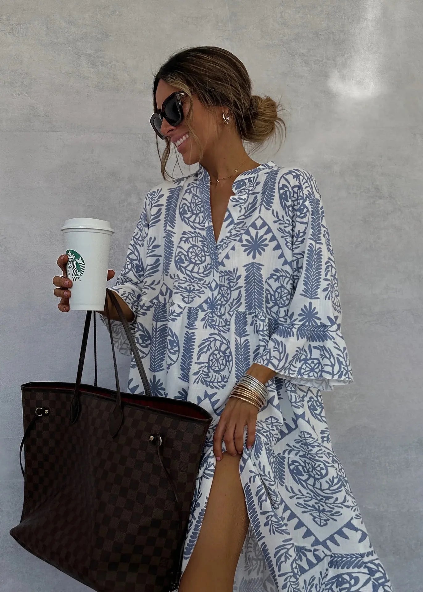 Adeline | Printed V-Neck Jacquard A-Line Dress