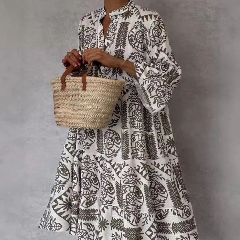 Adeline | Printed V-Neck Jacquard A-Line Dress