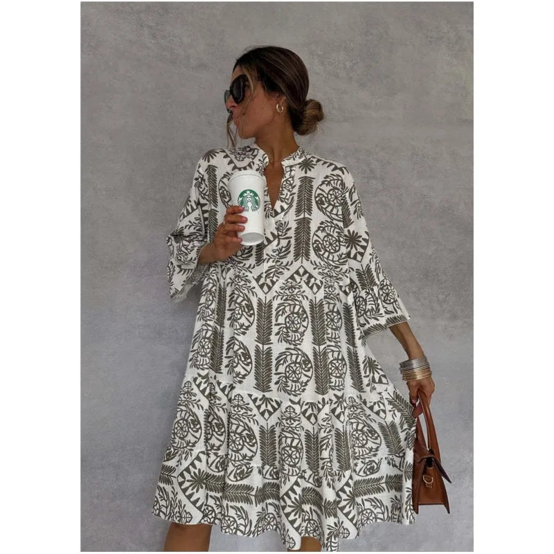 Adeline | Printed V-Neck Jacquard A-Line Dress