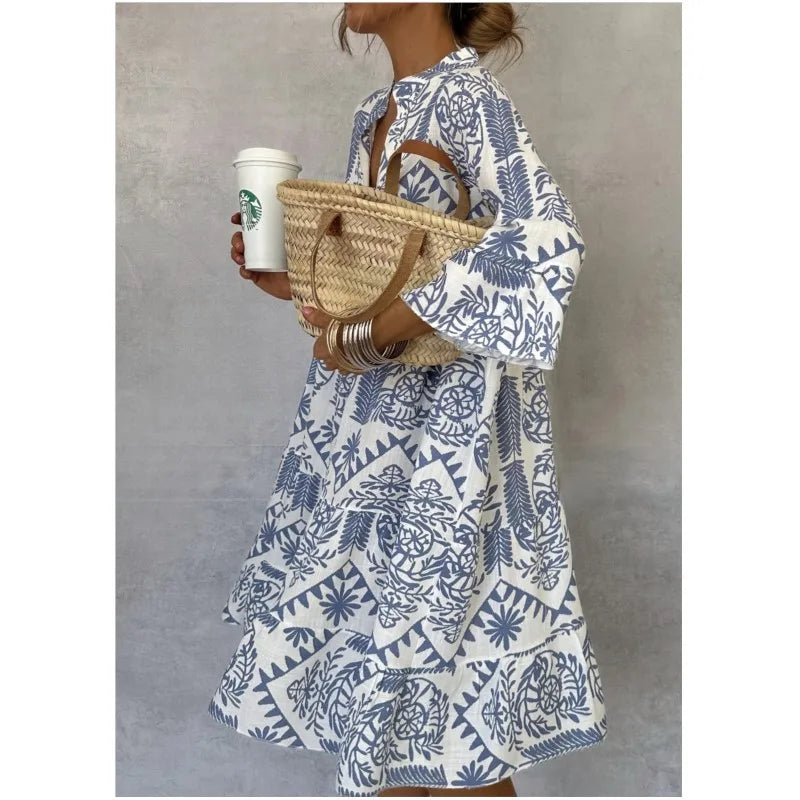 Adeline | Printed V-Neck Jacquard A-Line Dress